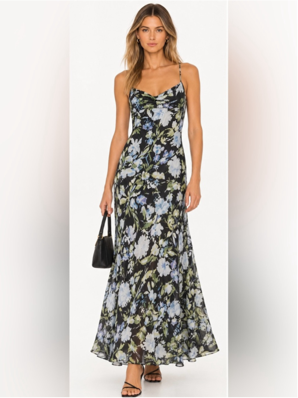 Abercrombie & Fitch Black Floral Slip Maxi Dress Size Large L Cowl Neck